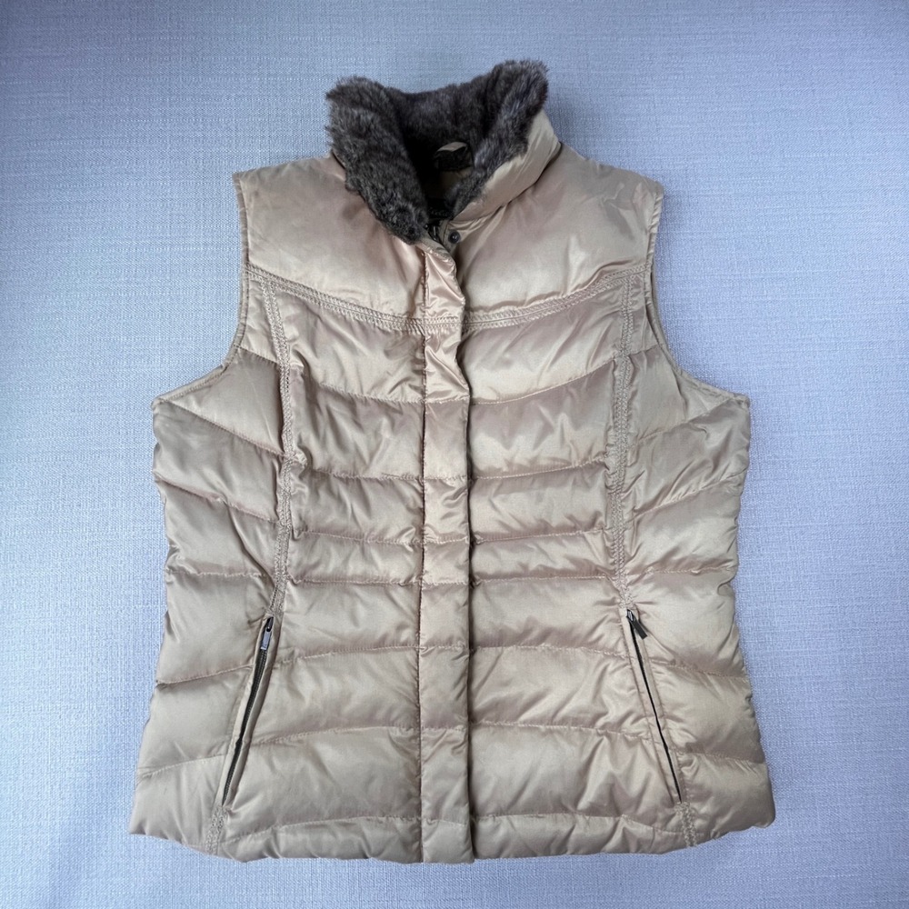 Eddie Bauer Down Vest Womens L Tan Faux Fur Collar Quilted Puffer Y2K Vintage
